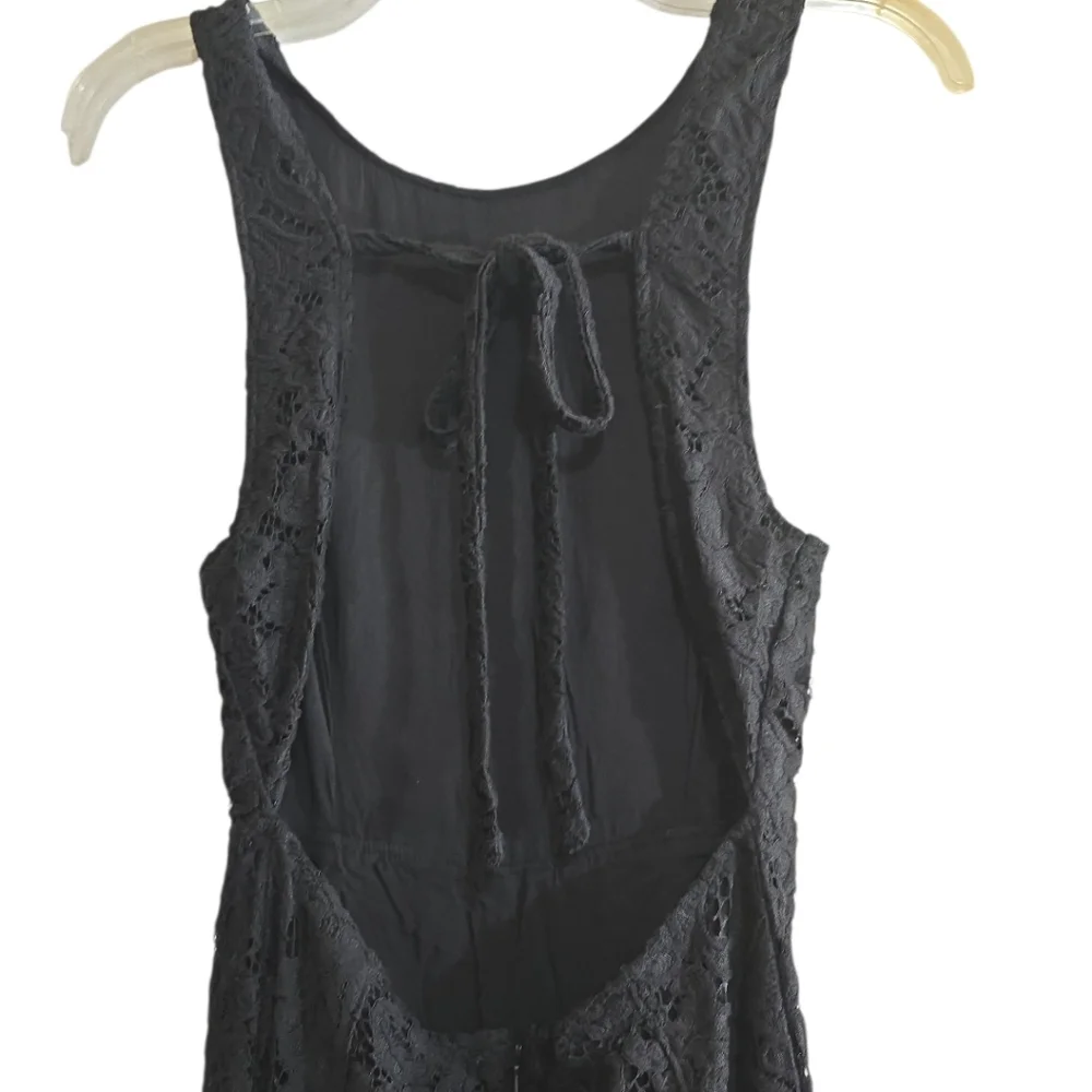 Free People Rise & Shine Black Lace Jumsuit Bell Bottom Flare Leg 2 Open Back - Picture 3 of 8